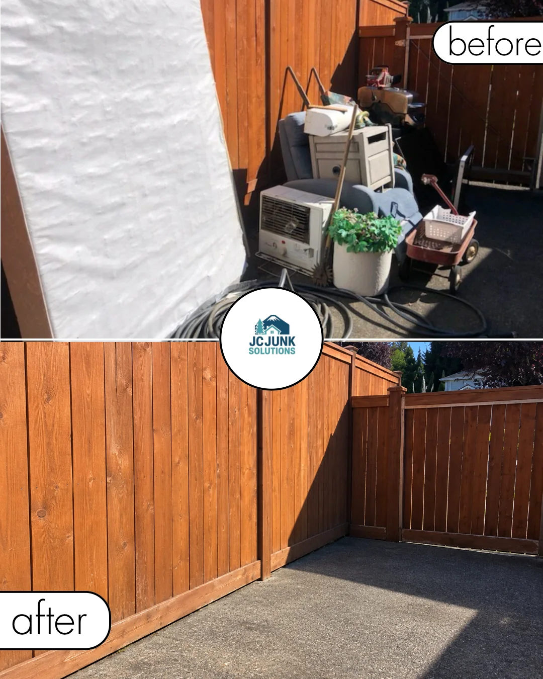 Electronics, small appliances, and a chair before and after outdoor pickup
