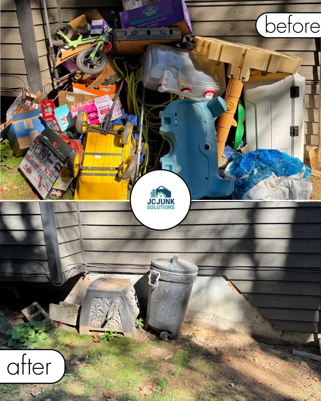 Outdoor household clutter before and after pickup