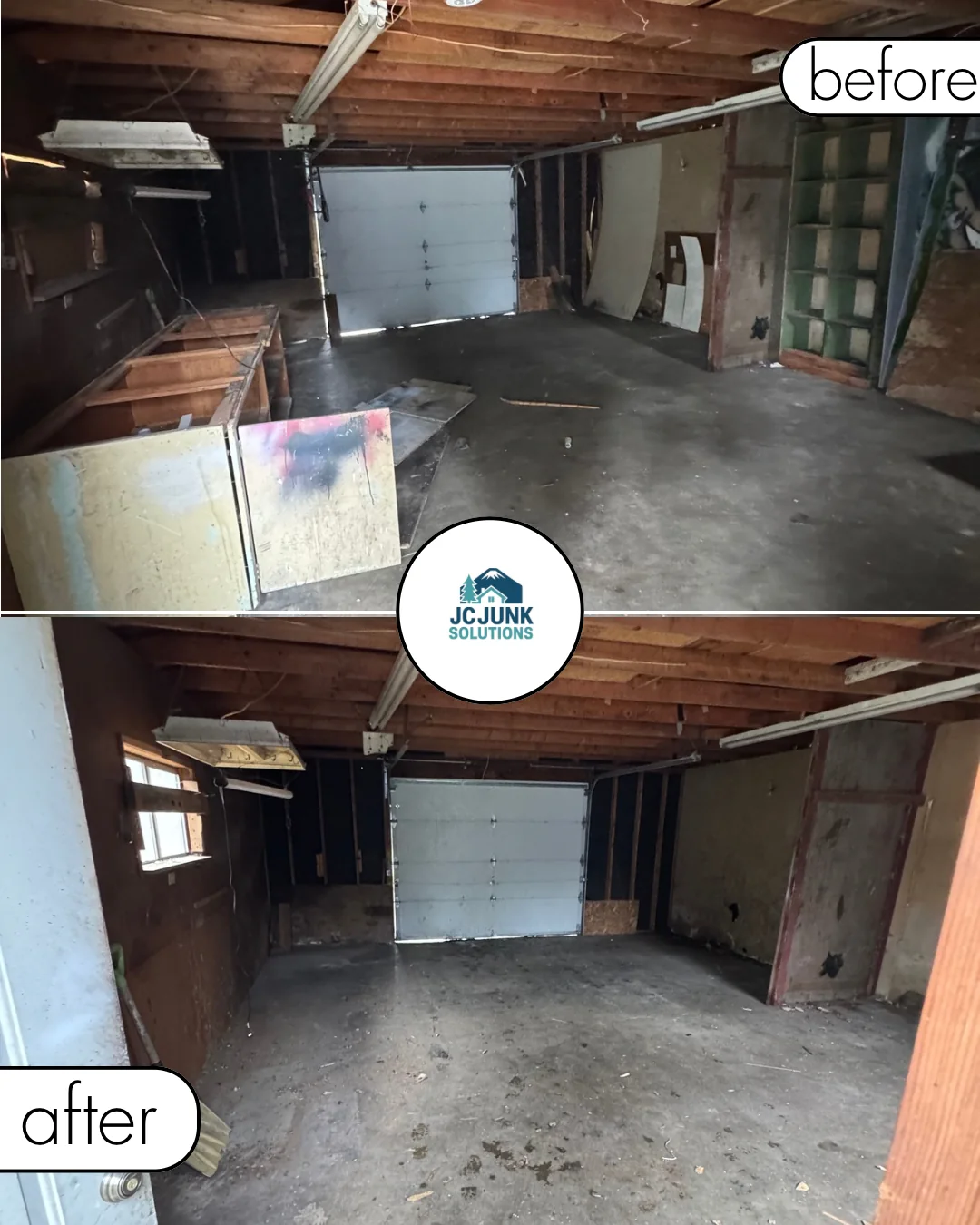 Garage interior before and after clearing unwanted contents