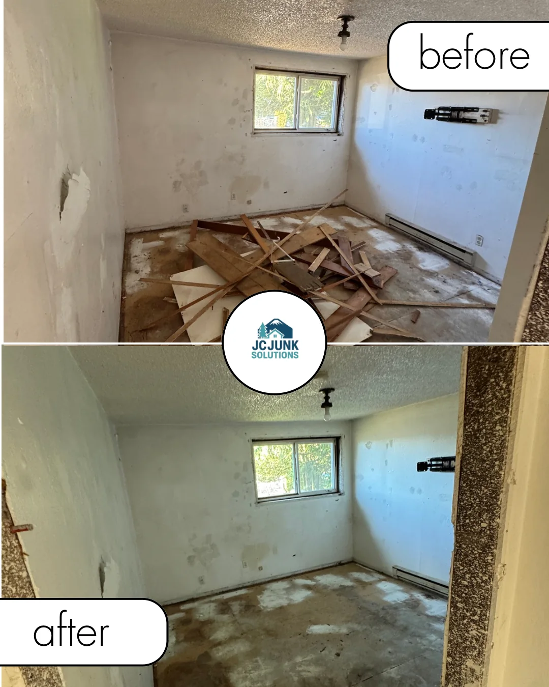 Flooring and trim debris before and after room cleanup