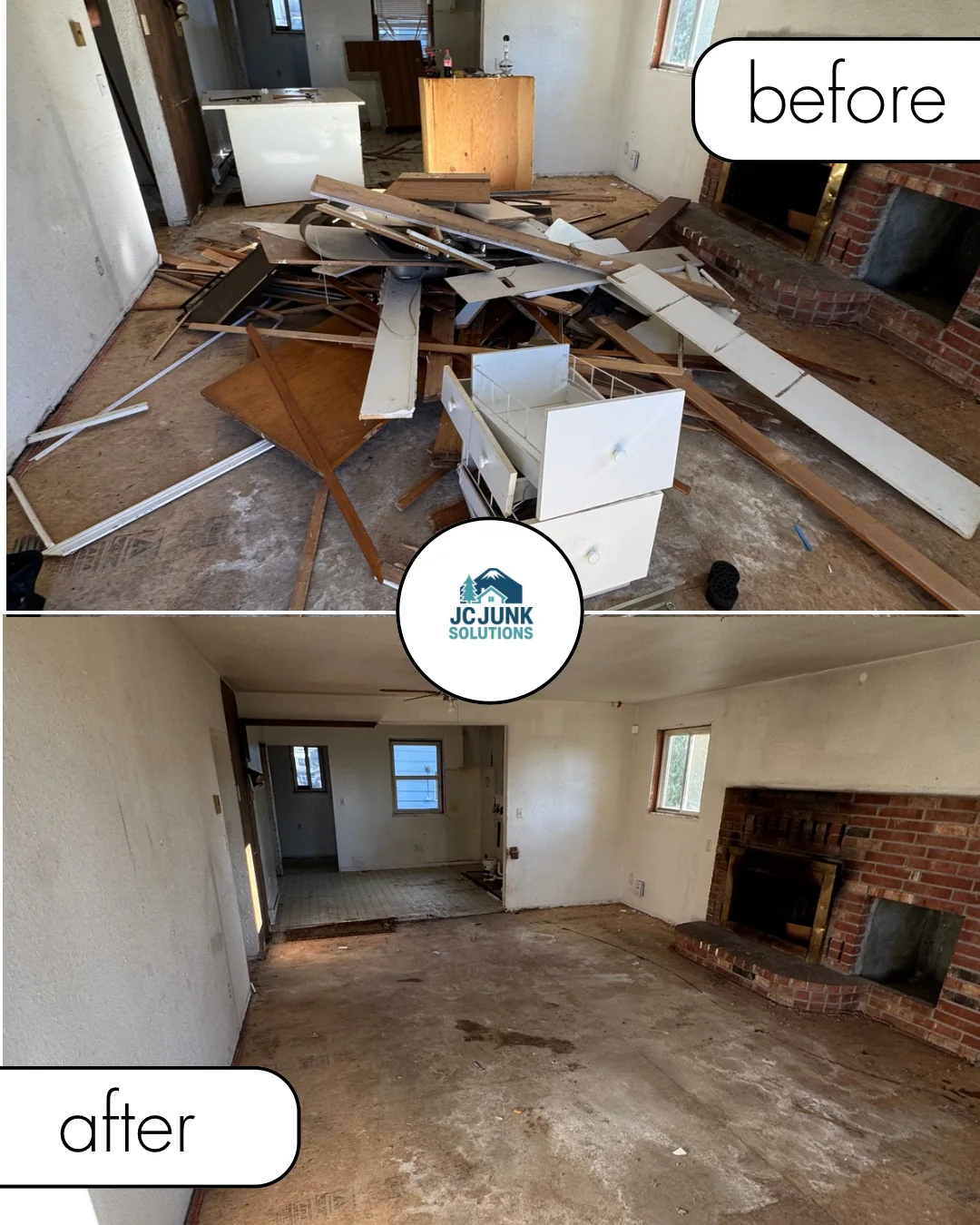 Renovation debris in a room before and after haul-away
