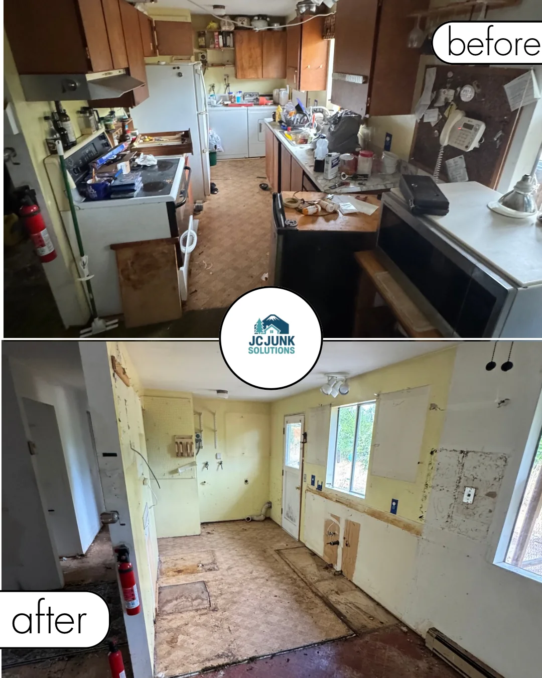 Kitchen appliances and cabinets before and after removal