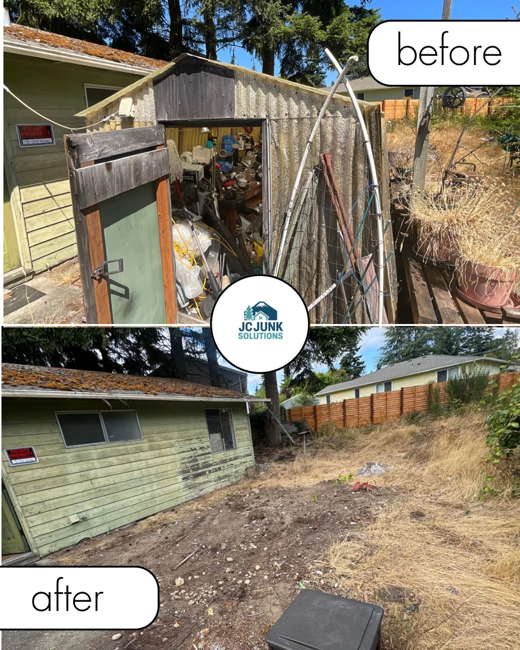 Backyard shed before demolition and the cleared area afterward