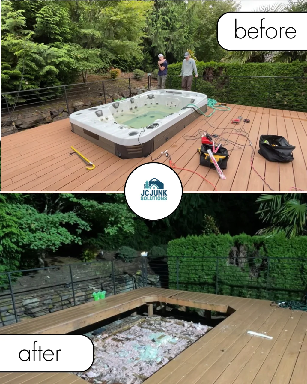Hot tub set into a deck before removal and the opening after removal