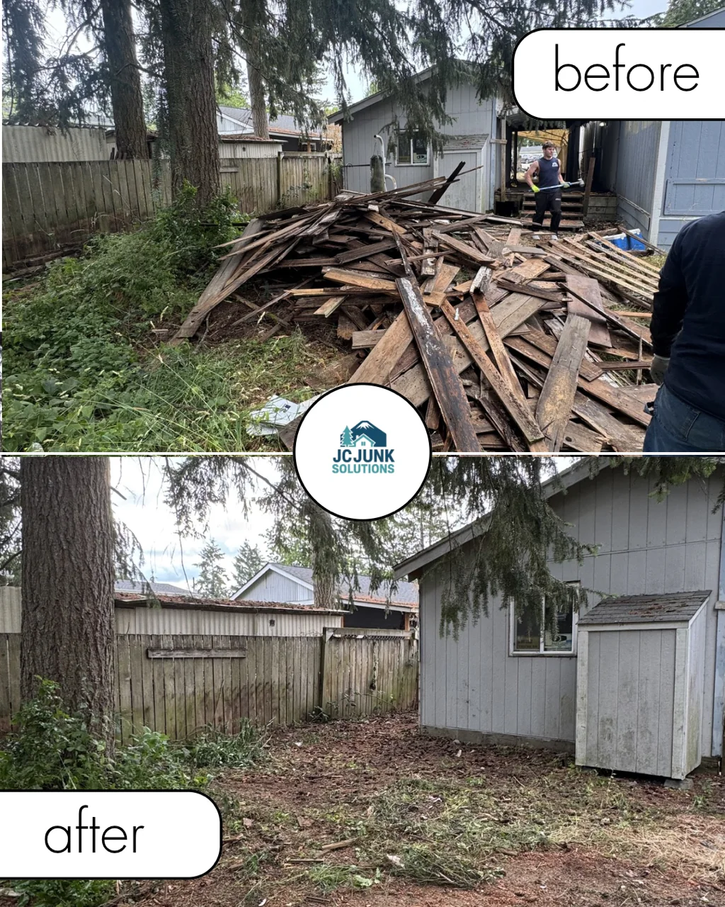 Pile of dismantled lumber beside a shed before and after haul-away