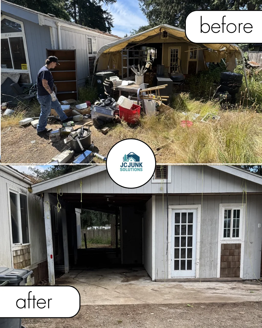 Large property cleanout with household contents outside a building before and after removal