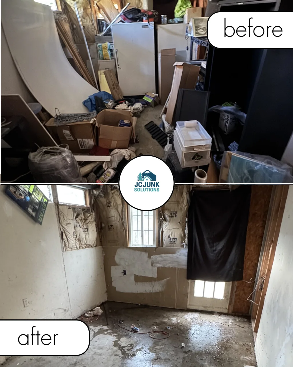 Room packed with household contents before and after a large cleanout