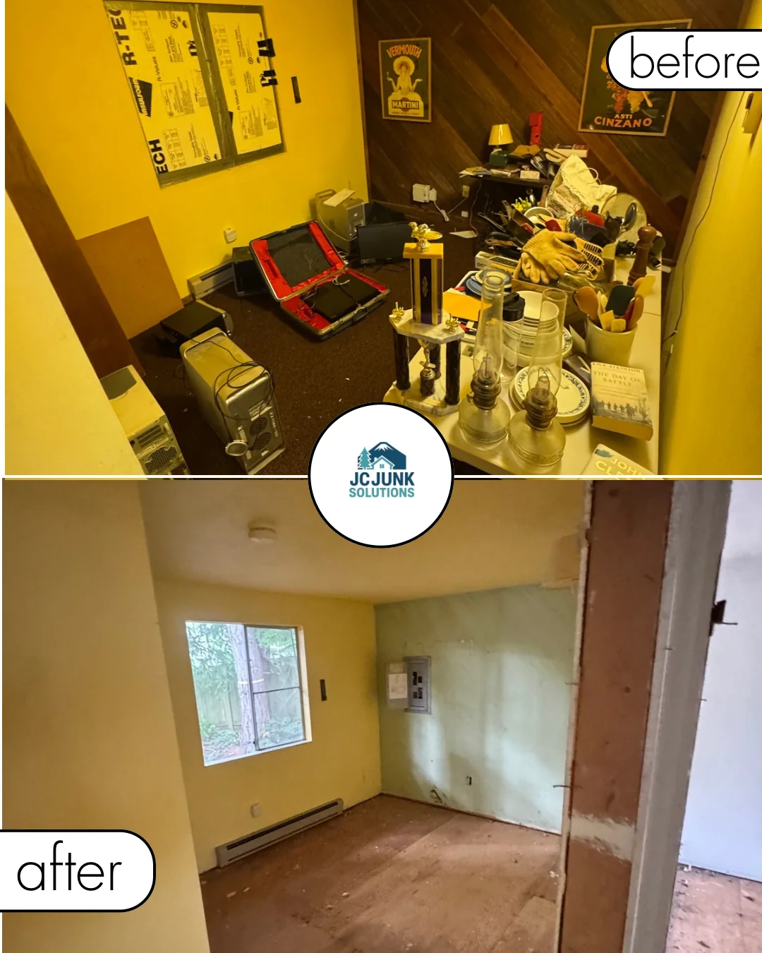 Room full of household contents before and after a cleanout