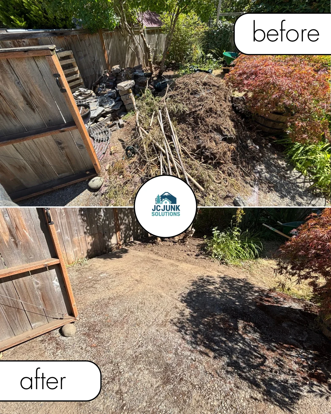 Yard cleanup project shown before and after debris removal